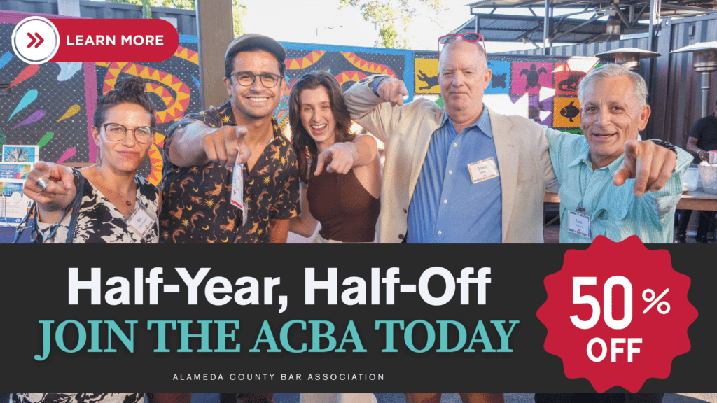 Half-Year, Half-Off ACBA membership - smiling pointing ACBA members at an event
