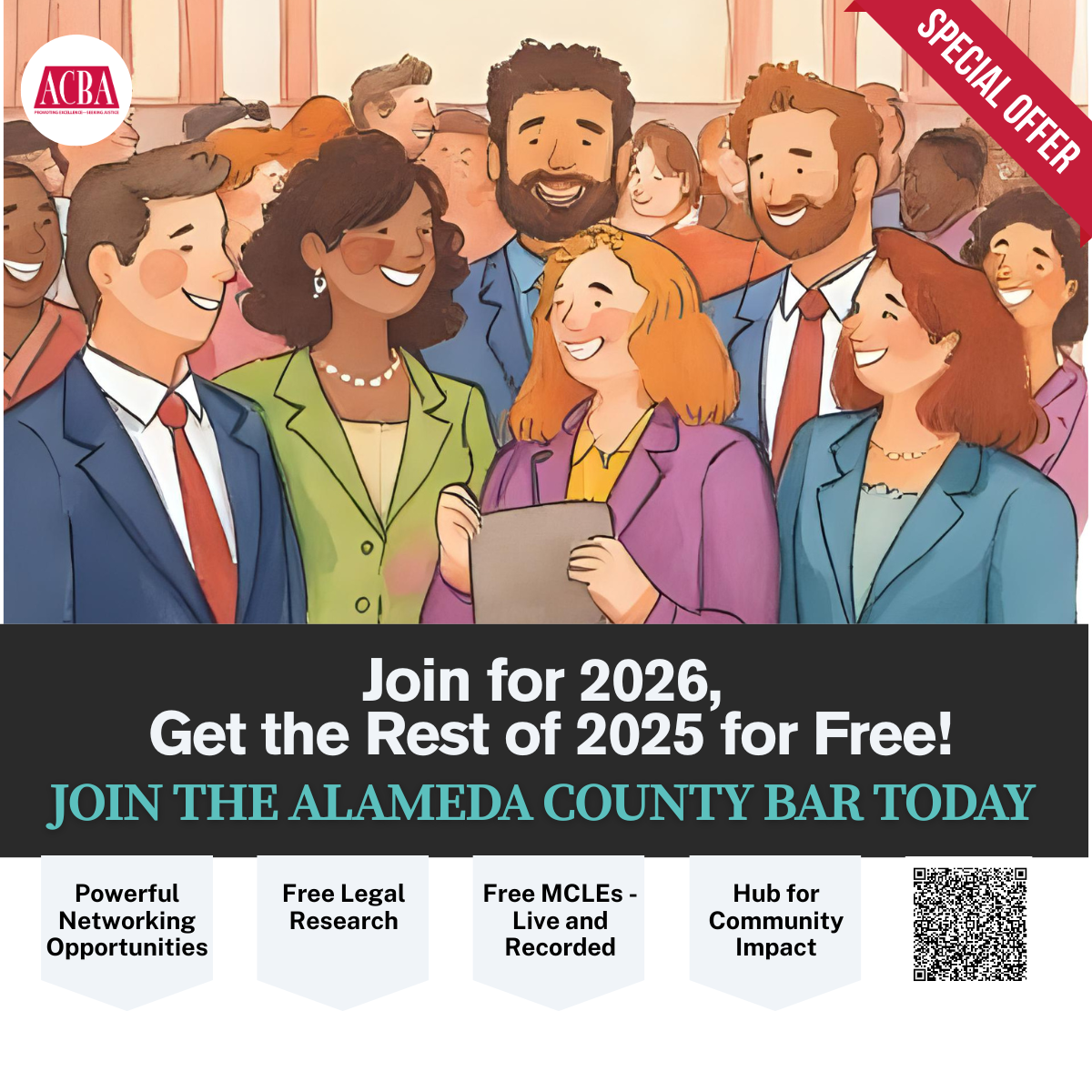 Join for 2026, get the rest of 2025 for free - watercolor picture of attorneys smiling in a courtroom.
